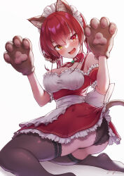 Rule 34 | 1girl, animal ear fluff, animal ears, animal hands, apron, ascot, ass, bare shoulders, black panties, black thighhighs, blush, breasts, brooch, cat ears, cat tail, cleavage, detached collar, dress, frills, gloves, hair ribbon, heterochromia, highres, hololive, houshou marine, ichijo kazuya, jewelry, kneeling, large breasts, long hair, looking at viewer, looking back, open mouth, panties, paw gloves, red dress, red eyes, red hair, red ribbon, ribbon, smile, solo, tail, thighhighs, thighs, twintails, underwear, virtual youtuber, waist apron, wedgie, white background, yellow eyes