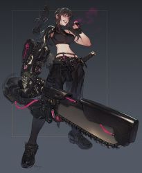 Rule 34 | 1girl, black gloves, black hair, breasts, chainsaw, cigar, fingerless gloves, gloves, gun, handgun, highres, holding, holding chainsaw, holding cigar, holstered, knife, large breasts, leaning back, looking at viewer, looking down, mechanical arms, midriff, morry, navel, original, pink eyes, pistol, prosthesis, prosthetic arm, science fiction, single mechanical arm, smile, solo, weapon