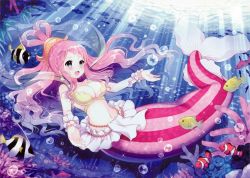 Rule 34 | 1girl, absurdres, blue eyes, blush, breasts, bubble, cleavage, earrings, fish, fishman island, highres, huge filesize, jewelry, large breasts, long hair, mermaid, monster girl, navel, one piece, open mouth, pink hair, scan, shirahoshi, smile, solo, underwater, wasabi (sekai)