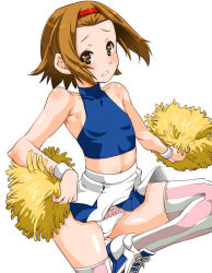 Rule 34 | 1girl, bare shoulders, brown eyes, brown hair, cheerleader, flat chest, frilled panties, frills, hairband, halterneck, k-on!, midriff, panties, pantyshot, pom pom (cheerleading), shinama, short hair, simple background, skirt, sleeveless, sleeveless turtleneck, solo, striped clothes, striped thighhighs, tainaka ritsu, thighhighs, turtleneck, underwear, upskirt, vertical-striped clothes, vertical-striped thighhighs, white background