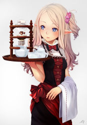 Rule 34 | 1girl, blonde hair, blue eyes, blush, bow, bowtie, coffee, commentary, cup, elf, ep (emio parn), grey background, hair ornament, hair scrunchie, highres, holding, long hair, looking back, one side up, original, parted lips, pointy ears, red bow, red bowtie, scrunchie, signature, solo, standing, tiered tray, tray, upper body, waitress