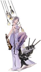 Rule 34 | 1girl, :d, ahoge, azur lane, black gloves, blush, breasts, cannon, cup, dress, drinking glass, fangs, fish hair ornament, full body, gloves, grey hair, hair ornament, high heels, highres, holding, holding instrument, holding violin, index finger raised, instrument, large breasts, lights, long hair, looking at viewer, nineo, official alternate costume, official art, open mouth, pantyhose, purple dress, purple footwear, rigging, seattle (azur lane), seattle (gorgeous party) (azur lane), single glove, sitting, skin fangs, skindentation, smile, solo, tachi-e, thigh strap, transparent background, turret, violin, wristband