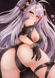Rule 34 | 1girl, absurdres, ass, azur lane, bare shoulders, black dress, black gloves, black panties, blush, bow, breasts, clothing cutout, dress, from behind, gloves, heart, highres, large breasts, long hair, looking at viewer, looking back, mole, mole on breast, multicolored bow, multicolored hair, official alternate costume, panties, prinz eugen (azur lane), prinz eugen (cordial cornflower) (azur lane), red hair, ryara, shoulder cutout, sideboob, silver hair, solo, streaked hair, two-tone hair, two side up, underwear, very long hair, yellow eyes