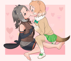 Rule 34 | 2girls, american beaver (kemono friends), animal ears, antenna hair, arm support, barefoot, beaver ears, beaver tail, bike shorts, black-tailed prairie dog (kemono friends), blush, border, bow, bowtie, bra, brown eyes, brown hair, commentary request, cutoffs, elbow gloves, extra ears, face-to-face, full body, fur collar, furrowed brow, gloves, grey hair, hair ornament, hairclip, hand up, hands up, head tilt, heart, jacket, kemono friends, kiss, light brown hair, long hair, long sleeves, looking at another, low ponytail, medium hair, miniskirt, multicolored hair, multiple girls, partially unzipped, plaid, plaid skirt, short shorts, shorts, shorts under shorts, sidelocks, sitting, skirt, squatting, sweater, tail, thighhighs, toes, torn clothes, torn sleeves, tranqu, two-tone hair, underwear, yuri, zettai ryouiki, zipper