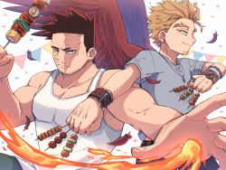 Rule 34 | 2boys, bare arms, beard, boku no hero academia, casual, endeavor (boku no hero academia), facial hair, fire, food, hawks (boku no hero academia), kebab, looking at viewer, male focus, mature male, miso (mimimiso), multiple boys, muscular, muscular male, official alternate costume, pectoral cleavage, pectorals, red hair, scar, scar across eye, scar on face, short hair, sideburns, skewer, spiked hair, stubble, tank top, upper body, white tank top