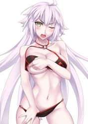Rule 34 | 1girl, ahoge, bikini, black bikini, blush, breasts, collarbone, fate/grand order, fate (series), hand on own chest, highres, jeanne d&#039;arc alter (swimsuit berserker) (fate), jeanne d&#039;arc (fate), jeanne d&#039;arc alter (fate), jeanne d&#039;arc alter (swimsuit berserker) (fate), large breasts, long hair, looking at viewer, navel, o-ring, o-ring bikini, open mouth, sakuya (liao kj), silver hair, simple background, swimsuit, thighs, very long hair, yellow eyes