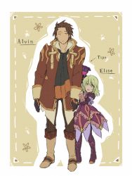 Rule 34 | 1boy, 1girl, alvin (tales), blonde hair, boots, brown hair, doll, elize lutus, fujisaki (pixiv729262), gloves, height difference, knee boots, no nose, purple footwear, scarf, sepia background, tales of (series), tales of xillia, teepo (tales)
