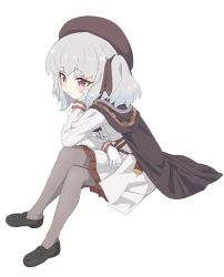 Rule 34 | 1girl, belt, beret, black cape, black footwear, cape, closed mouth, gloves, grey hair, grey pantyhose, hat, highres, long sleeves, military, military uniform, pantyhose, prima doll, purple eyes, retzel (prima doll), shirt, shoes, simple background, sincos, sitting, skirt, solo, twintails, uniform, white background, white gloves, white shirt, white skirt