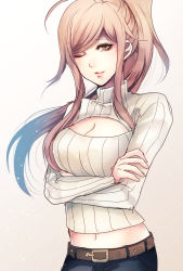 Rule 34 | 1girl, ;), ahoge, belt, blue pants, breasts, brown eyes, brown hair, cleavage, cleavage cutout, clothing cutout, danganronpa (series), danganronpa 3 (anime), floating hair, high ponytail, large breasts, long hair, looking at viewer, meme attire, midriff, navel, one eye closed, pants, parted bangs, ribbed sweater, simple background, smile, solo, standing, stomach, sweater, upper body, very long hair, white background, white sweater, yukizome chisa, z-epto (chat-noir86)