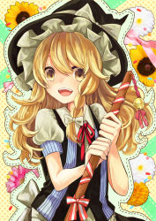 Rule 34 | 1girl, absurdres, ayame (3103942), bad id, bad pixiv id, bell, blonde hair, bow, braid, candy, carnation, floral background, flower, food, hair bow, happy, hat, highres, jelly bean, jingle bell, kirisame marisa, long hair, looking at viewer, open mouth, outline, puffy short sleeves, puffy sleeves, ribbon, short sleeves, single braid, smile, solo, sunflower, touhou, upper body, vest, witch hat, yellow eyes