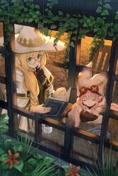 2girls aesc_(fate) aesc_(rain_witch)_(fate) blonde_hair blue_eyes book braid chair cloak closed_mouth commentary_request cup fate/grand_order fate_(series) gem glasses gold_trim green_eyes habetrot_(fate) hair_over_shoulder hat highres kamo_ashi leaf leaning_forward long_hair multiple_girls open_book pink_hair plant pointy_ears rain reading red_brooch red_gemstone round_eyewear sidelocks sitting sleeping smile through_window vines white_cloak white_hat wide_brim window witch_hat