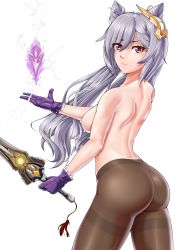 Rule 34 | 1girl, ass, bare shoulders, blush, breasts, cabbriolet, from behind, genshin impact, gloves, hair ornament, highres, keqing (genshin impact), long hair, looking at viewer, medium breasts, pantyhose, prototype rancour, red eyes, shiny skin, sideboob, silver hair, solo, sword, topless, twintails, very long hair, weapon