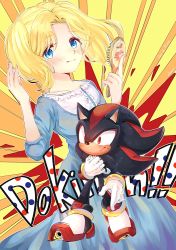 Rule 34 | 1boy, 1girl, alternate hairstyle, blonde hair, blue dress, blue eyes, blush, closed mouth, dress, furry, furry male, gloves, hair brush, hand on own chest, holding, looking at viewer, maria robotnik, shadow the hedgehog, shoes, smile, sonic (series), sound effects, tondamanuke, twintails, white gloves