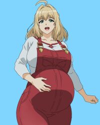 Rule 34 | 1girl, ahoge, big belly, blonde hair, blue background, breasts, collarbone, commentary, commission, english commentary, fiora (xenoblade), fungus-man, green eyes, hair intakes, hand on own stomach, highres, large breasts, long hair, open mouth, overalls, pregnant, red overalls, shirt, solo, teeth, upper teeth only, white shirt, xenoblade chronicles (series), xenoblade chronicles 1