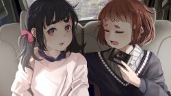 Rule 34 | 2girls, arm around shoulder, artist name, black hair, black hairband, black sweater, blunt bangs, blush, bob cut, bow, bright pupils, brown hair, car interior, closed eyes, commentary, dress shirt, earrings, eyelashes, facing another, fang, foliage, game cartridge, hair bow, hair ribbon, hair strand, hairband, hand on another&#039;s shoulder, highres, holding game cartridge, jewelry, layered shirt, light blush, long hair, long sleeves, looking at viewer, messy hair, multiple girls, open mouth, original, parted lips, pink bow, pink eyes, pink ribbon, pink sweater, plaid, plaid shirt, ribbon, russian commentary, sasha (servachok), servachok, shaded face, shirt, short eyebrows, short hair, side-by-side, sitting, skin fang, sweater, talking, tanya (servachok), thick eyebrows, twintails, upper body, v-neck, white shirt, worried