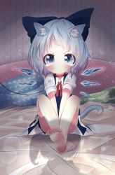Rule 34 | 2girls, akisha, animal ears, bad id, bad pixiv id, bare legs, barefoot, bed, blue dress, blue eyes, blue hair, blush, bow, cat ears, cat tail, cirno, collar, daiyousei, dress, fairy wings, feet, hair bow, hair ribbon, highres, ice, ice wings, kemonomimi mode, leash, light particles, looking at viewer, multiple girls, ominous shadow, on bed, pillow, polka dot, puffy sleeves, ribbon, shadow, shirt, short sleeves, side ponytail, sitting, soles, tail, tears, toes, touhou, v arms, wavy mouth, wings