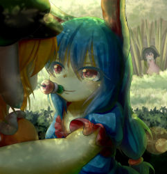 Rule 34 | 3girls, :3, absurdres, animal ears, arm around shoulder, bamboo, bamboo forest, black hair, blonde hair, blue dress, blue hair, blurry, dango, dappled sunlight, depth of field, dior-zi, dress, floppy ears, food, food in mouth, foreshortening, forest, hands on own face, hat, highres, inaba tewi, lens flare, long hair, looking at another, low-tied long hair, multiple girls, nature, o o, pink dress, puffy short sleeves, puffy sleeves, rabbit ears, red eyes, shipping (fandom), ringo (touhou), sanshoku dango, seiran (touhou), short hair, short sleeves, skewer, smile, sunlight, touhou, wagashi, yuri