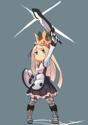 Rule 34 | &gt;:), 1girl, armor, armored boots, arms up, black dress, black ribbon, blue background, blue eyes, blush, boots, breastplate, brooch, crown, dress, eyebrows, flower, frilled dress, frills, full body, gloves, grey footwear, hair ribbon, highres, holding, holding sword, holding weapon, jewelry, jitome, katsudansou, knee pads, light brown hair, long hair, long sleeves, looking up, navel, puffy long sleeves, puffy sleeves, ribbon, shield, simple background, smile, solo, sparkle, standing, sword, v-shaped eyebrows, weapon, white gloves