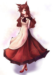 Rule 34 | 1girl, animal ears, breasts, brooch, brown eyes, brown hair, collarbone, dress, full body, imaizumi kagerou, jewelry, kisaragiiko, long hair, looking at viewer, simple background, solo, touhou, white background, wolf ears