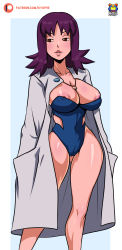Rule 34 | 1girl, absurdres, alternate breast size, blush, breasts, brown eyes, cameltoe, cleavage, creatures (company), curvy, game freak, highres, kyoffie, lab coat, large breasts, lips, looking to the side, nintendo, nipples, one-piece swimsuit, philena ivy, pokemon, pokemon (anime), pokemon (classic anime), purple hair, shiny skin, smile, solo, strapless, strapless one-piece swimsuit, swimsuit