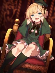 Rule 34 | 1girl, :d, absurdres, aged down, amagasa yun, armchair, black bow, black ribbon, blonde hair, blush, bow, cabbie hat, chair, commentary request, dress, dutch angle, fate/grand order, fate (series), frilled dress, frills, green dress, green hat, green socks, hands up, hat, head tilt, highres, kneehighs, long sleeves, looking at viewer, lord el-melloi ii case files, on chair, open mouth, pom pom (clothes), reines el-melloi archisorte, ribbon, short hair, sitting, sleeves past wrists, smile, socks, solo, tilted headwear, wide sleeves
