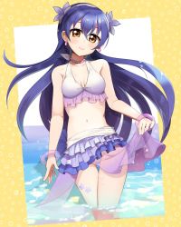 Rule 34 | 1girl, bikini, bikini skirt, blue hair, blush, bracelet, closed mouth, commentary request, day, flower, frilled bikini, frills, hair between eyes, hair flower, hair ornament, hibiscus, highres, jewelry, long hair, looking at viewer, love live!, love live! school idol project, natsuiro egao de 1 2 jump!, necklace, skirt hold, smile, solo, sonoda umi, swimsuit, wading, water, yellow eyes