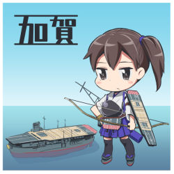 Rule 34 | 10s, 1girl, aircraft carrier, bad id, bad pixiv id, character name, day, historical name connection, japanese clothes, kaga (kancolle), kantai collection, looking at viewer, military, military vehicle, name connection, object namesake, ocean, pleated skirt, shiden (sashimi no wife), ship, skirt, sky, solo, thighhighs, warship, watercraft, zettai ryouiki