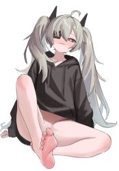 Rule 34 | 1girl, :3, absurdres, ahoge, arm support, barefoot, black hoodie, blush, bottomless, convenient censoring, djmax, eyepatch, fail (djmax), feet, full body, grey hair, hair between eyes, highres, hood, hoodie, long hair, looking at viewer, red eyes, sitting, sketch, smug, soles, solo, syc2159, twintails, white background