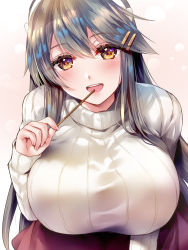 Rule 34 | 1girl, absurdres, alternate breast size, alternate costume, bad id, bad pixiv id, breasts, claret (claret cardinal), food, grey hair, hair ornament, hairband, hairclip, haruna (kancolle), highres, holding, holding food, holding pocky, huge breasts, kantai collection, long hair, long sleeves, looking at viewer, pocky, pocky day, ribbed sweater, sidelocks, solo, sweater, white hairband, white sweater