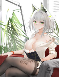Rule 34 | 1girl, absurdres, animal ear fluff, animal ears, arknights, bare shoulders, black pantyhose, book, breasts, cat ears, chinese commentary, cleavage, closed mouth, collarbone, commentary request, couch, crossed legs, dated, green eyes, highres, holding, holding book, indoors, kal&#039;tsit (arknights), large breasts, leaf, looking at viewer, material growth, mirror, mole, mole on breast, no bra, off shoulder, on couch, open book, open clothes, open shirt, oripathy lesion (arknights), pantyhose, plant, reflection, sabou san-shitsu kokoro, see-through, shirt, short hair, sitting, sleeves rolled up, smile, solo, thighband pantyhose, thighs, white hair, white shirt, wristband