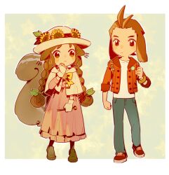 Rule 34 | 1boy, 1girl, :&lt;, absurdres, ace attorney, animal ears, antenna hair, apollo justice, apollo justice (stylin&#039; street clothes), arm at side, badge, blue pants, blush, bow, bowtie, bracelet, braid, brown eyes, brown hair, bun ends, button badge, capelet, closed mouth, dog ears, dog girl, dress, fingerless gloves, floppy ears, flower, forked eyebrows, full body, gloves, green footwear, grey background, habu (seiho 1334), hair ornament, hand on own chin, hand up, hat, hat flower, highres, holding, holding strap, hood, hooded jacket, jacket, jewelry, juniper woods, kemonomimi mode, knitting needle, leaf hair ornament, long dress, long hair, long sleeves, needle, open clothes, open jacket, pants, phoenix wright: ace attorney - dual destinies, pink dress, red footwear, red jacket, shirt, shoes, short hair, sidelocks, simple background, sleeves rolled up, sneakers, sunflower, twin braids, very long hair, wavy hair, white capelet, white gloves, white shirt, yellow bow, yellow bowtie, yellow headwear