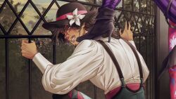 Rule 34 | 2boys, ankle boots, black hair, blue eyes, boots, clenched teeth, climbing, cloud, cloudy sky, commentary, dark-skinned male, dark skin, english commentary, facial hair, fence, flower, game cg, gavis bettel, hat, hat flower, hat ribbon, high heels, highres, holostars, holostars english, iron fence, jerry (gavis bettel), lily (flower), long hair, male focus, mature male, multiple boys, mustache, narrowed eyes, outdoors, ribbon, shirt, sky, solo focus, stepped on, suspenders, teeth, tree, upper body, vanreito, virtual youtuber, white flower, white shirt