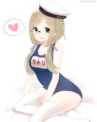 Rule 34 | 1girl, absurdres, beret, cosplay, dated, glasses, green eyes, hair ribbon, hat, heart, highres, i-8 (kancolle), i-8 (kancolle) (cosplay), kantai collection, katori (kancolle), light brown hair, looking at viewer, low twintails, one-piece swimsuit, ribbon, school swimsuit, sitting, solo, spoken heart, swimsuit, thighhighs, twintails, twitter username, white background, white thighhighs, yokozuwari, yukichi (sukiyaki39)