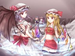Rule 34 | !, 4girls, :d, :o, adapted costume, apron, ass, bad id, bad pixiv id, bat wings, black legwear, blonde hair, blood, blush, breasts, butt crack, crescent, crescent hair ornament, flandre scarlet, hair ornament, hat, hat ribbon, izayoi sakuya, light purple hair, long hair, low wings, magic, magical girl, maid headdress, midriff, minust, mob cap, multiple girls, navel, nosebleed, aged up, open mouth, patchouli knowledge, pointy ears, puffy short sleeves, puffy sleeves, purple eyes, purple hair, red eyes, remilia scarlet, ribbon, short hair, short sleeves, sideboob, silver hair, small breasts, smile, smoke, surprised, thighhighs, touhou, undersized clothes, wings, wrist cuffs, zettai ryouiki