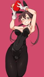 Rule 34 | 1girl, animal ears, armpits, arms up, bare shoulders, black leotard, blush, brown eyes, brown hair, rabbit ears, buta-don, covered navel, cowboy shot, detached collar, fake animal ears, gertrud barkhorn, gloves, highres, leotard, long hair, one eye closed, pantyhose, playboy bunny, simple background, smile, solo, strapless, strapless leotard, strike witches, teeth, twintails, valentine, white gloves, world witches series