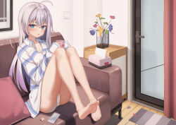 Rule 34 | 1girl, :&lt;, absurdres, ahoge, ass, barefoot, blue eyes, blue flower, blush, breasts, cellphone, cleavage, coffee mug, collarbone, collared shirt, couch, cup, curtains, feet, flower, full body, glass door, gradient hair, hair between eyes, highres, holding, holding cup, indoors, kakakaka (pc98times), knees up, legs, legs together, light switch, long hair, long shirt, looking at viewer, medium breasts, mug, multicolored hair, nightstand, no pants, open collar, original, own hands together, panties, pantyshot, phone, pillow, purple hair, raised eyebrows, red flower, rug, shadow, shirt, sidelocks, sitting, sleeves past wrists, smartphone, soles, solo, striped clothes, striped shirt, thighs, tissue box, toes, underwear, vase, white hair, white panties, white shirt, wing collar, wooden floor