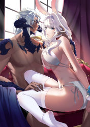Rule 34 | 1boy, 1girl, absurdres, aer (tengqiu), animal ears, au ra, bikini, blue eyes, breasts, character request, couch, final fantasy, final fantasy xiv, highres, horns, indoors, large breasts, long hair, looking at viewer, on bed, rabbit ears, room, short hair, sitting, sitting on person, swimsuit, thighhighs, tight clothes, underwear, warrior of light (ff14), white bikini, white hair, white thighhighs