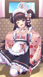 Rule 34 | 1girl, belt, blue archive, blush, commentary request, halo, heart, heart hands, highres, japanese clothes, kneeling, long sleeves, looking at viewer, maid headdress, one eye closed, open mouth, purple eyes, ribbon, shizuko (blue archive), thighhighs, white thighhighs, window, wotori