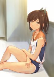 Rule 34 | 10s, 1girl, bare shoulders, blush, brown eyes, brown hair, from side, highres, i-401 (kancolle), kantai collection, long hair, looking at viewer, one-piece swimsuit, ponytail, sailor collar, school swimsuit, school uniform, serafuku, short hair, short ponytail, sitting, smile, solo, swimsuit, swimsuit under clothes, tan, wa (genryusui)