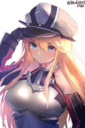 Rule 34 | 1girl, bare shoulders, bismarck (kancolle), blonde hair, blue eyes, blush, breasts, brown gloves, closed mouth, detached sleeves, gloves, hair between eyes, hat, highres, kantai collection, large breasts, long hair, military, military hat, military uniform, o-sirius, peaked cap, simple background, solo, twitter username, uniform, upper body, white background