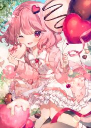 Rule 34 | 1girl, ana (rznuscrf), balloon, blush, bow, box, dress, food, gift, gift box, hair ornament, heart, heart balloon, heart hair ornament, holding, holding balloon, indie virtual youtuber, looking at viewer, maisaki berry, one eye closed, open mouth, pink hair, red eyes, ribbon, smile, solo, virtual youtuber, white dress