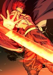 Rule 34 | 1boy, absurdres, black pants, closed mouth, emiya shirou, fate/grand order, fate (series), from behind, from below, galbi (iouytuuyio), glowing, highres, looking at viewer, male focus, messy hair, muscular, pants, pants tucked in, red hair, red theme, senji muramasa (fate), serious, sword, tattoo, topless male, weapon, yellow eyes