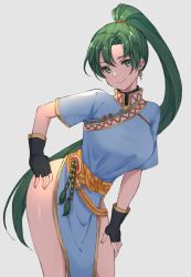 Rule 34 | 1girl, bad id, bad twitter id, earrings, fingerless gloves, fire emblem, fire emblem: the blazing blade, gloves, green eyes, green hair, grey background, hoshido1214, jewelry, long hair, looking at viewer, lyn (fire emblem), nintendo, ponytail, smile, solo