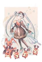 1girl border bug_miku_(project_voltage) commentary_request creatures_(company) dress evolutionary_line game_freak gen_4_pokemon hair_between_eyes hands_up hat hatsune_miku holding kricketot kricketune long_sleeves looking_at_viewer musical_note nintendo pantyhose pokemon pokemon_(creature) project_voltage ryokuno_green shoes sidelocks staff_(music) standing twintails vocaloid white_border