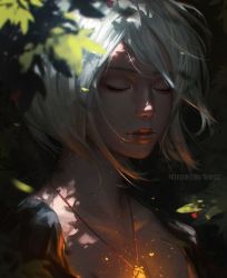 Rule 34 | 1girl, artist name, breasts, cleavage, collarbone, dappled sunlight, day, closed eyes, forest, glowing, guweiz, jewelry, light smile, nature, necklace, original, outdoors, parted lips, pendant, plant, red lips, short hair, silver hair, solo, sunlight, upper body, watermark, web address