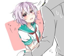 Rule 34 | 10s, 1girl, admiral (kancolle), amesaka yoshino, blush, eye contact, fangs, flying sweatdrops, hair between eyes, hand on another&#039;s arm, kantai collection, looking at another, looking up, military, military uniform, naval uniform, neckerchief, open mouth, purple hair, red eyes, school uniform, serafuku, shirt, short hair, short sleeves, simple background, solo focus, tama (kancolle), uniform