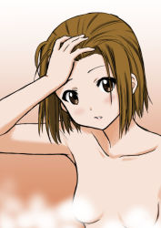 Rule 34 | 00s, 1girl, blush, breasts, brown eyes, brown hair, convenient censoring, gradient background, hand on own head, k-on!, looking at viewer, matching hair/eyes, nude, parted lips, short hair, small breasts, solo, steam, steam censor, tainaka ritsu, tsukkun, upper body