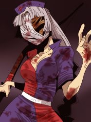 Rule 34 | 1girl, bandages, blood, bow, bow (weapon), breasts, bubble head nurse, cleavage, crossover, grey hair, hat, long hair, mask, monster, onikobe rin, silent hill, silent hill (movie), silent hill (series), silent hill 2, solo, touhou, weapon, white hair, yagokoro eirin