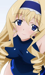 Rule 34 | 10s, 1girl, absurdres, bare shoulders, blonde hair, blue eyes, blush, bodysuit, breasts, cecilia alcott, covered navel, cowboy shot, drill hair, earrings, from above, gradient background, hairband, halterneck, highres, infinite stratos, jewelry, large breasts, leotard, light smile, long hair, looking at viewer, pilot suit, sidelocks, smile, solo, sugimura tomokazu, swimsuit, taut clothes, turtleneck, very long hair, white background