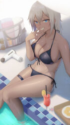 Rule 34 | 1girl, bare shoulders, bikini, black bikini, blue eyes, breasts, cleavage, commentary request, cup, dark skin, drinking glass, grey hair, grin, highres, large breasts, lodbyy, long hair, looking at viewer, navel, original, side-tie bikini bottom, sitting, smile, soaking feet, solo, stomach, swimsuit, thigh strap, thighs, water